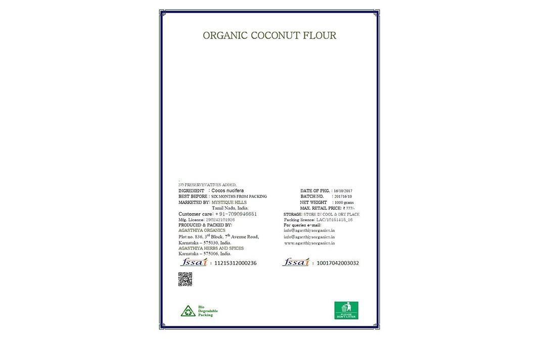 Mystique Hills Organic Coconut Flour    Box  1 kilogram